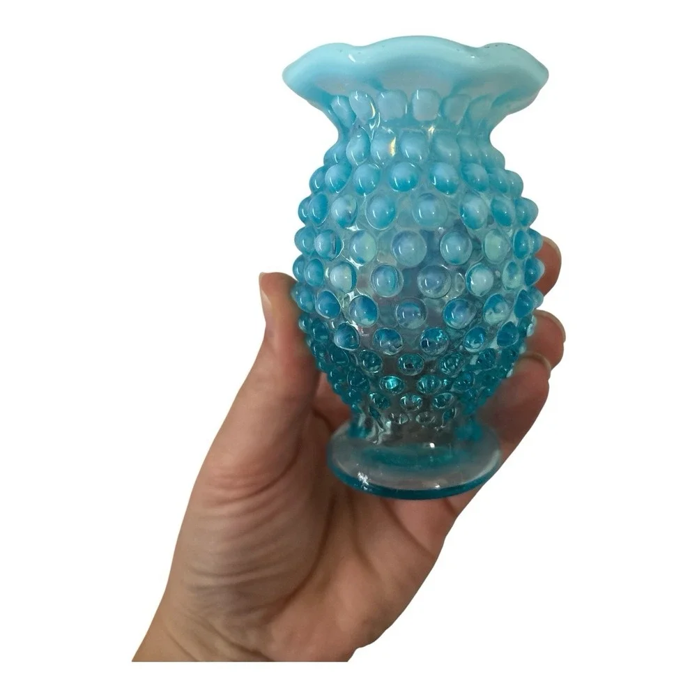 Vintage Pair-Fenton Blue Hobnail Ruffled Opalescent Glass Miniature Vases #13